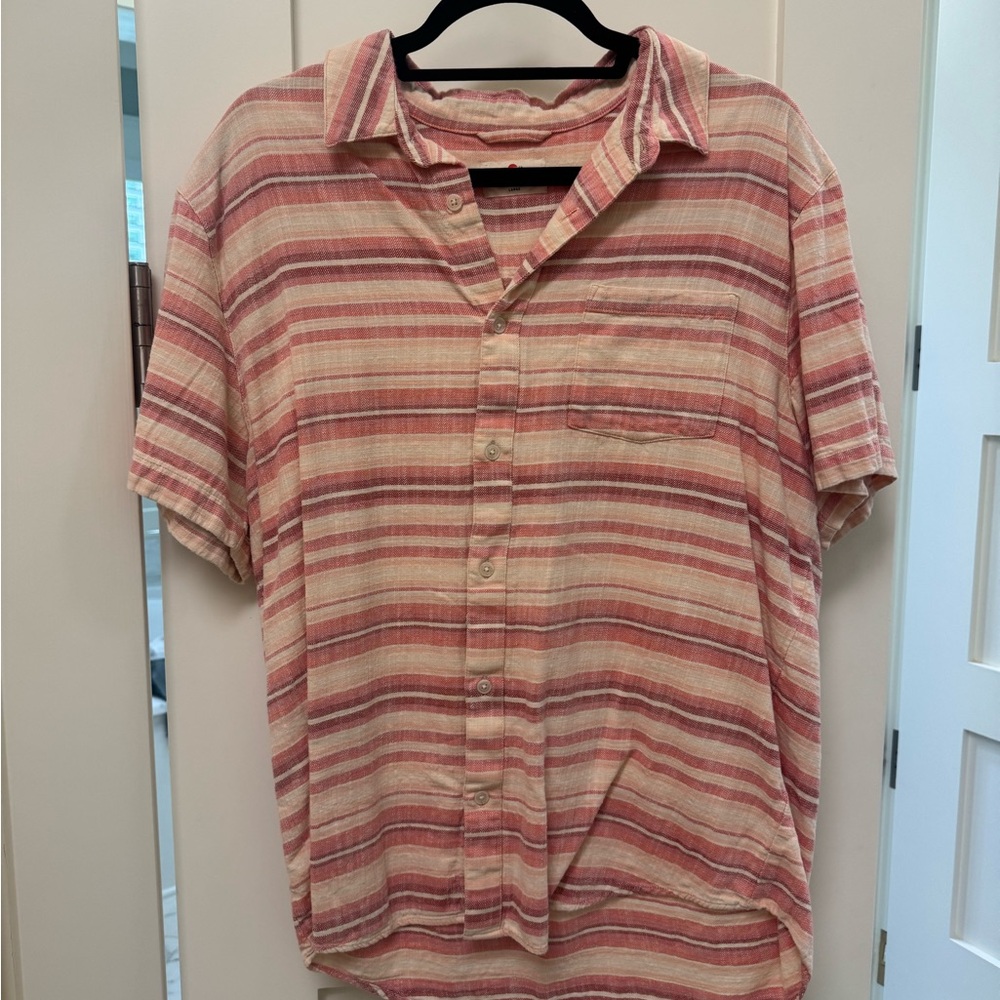 Marine Layer Men's Casual Red and Cream Striped Shirt